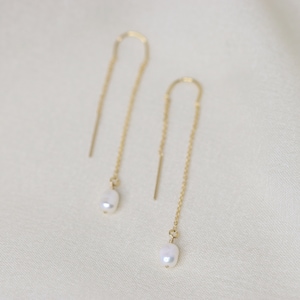 14k Yellow Gold Pearl Threader Earrings, Freshwater Pearl Earrings, Threaded Earrings, Bridal Jewelry, 14k Solid Gold, June Birthstone