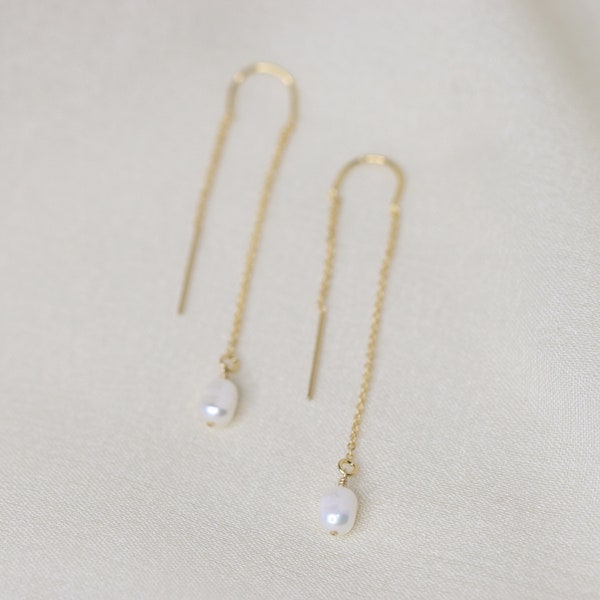 Delicate Pearl Threader Earrings, Freshwater Pearl Earrings, Threaded Earrings, Bridal Jewelry Bridesmaid Gift, June Birthstone Gift For Her