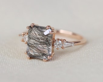 Neptune Ring with Tourmalinated Quartz and Diamonds