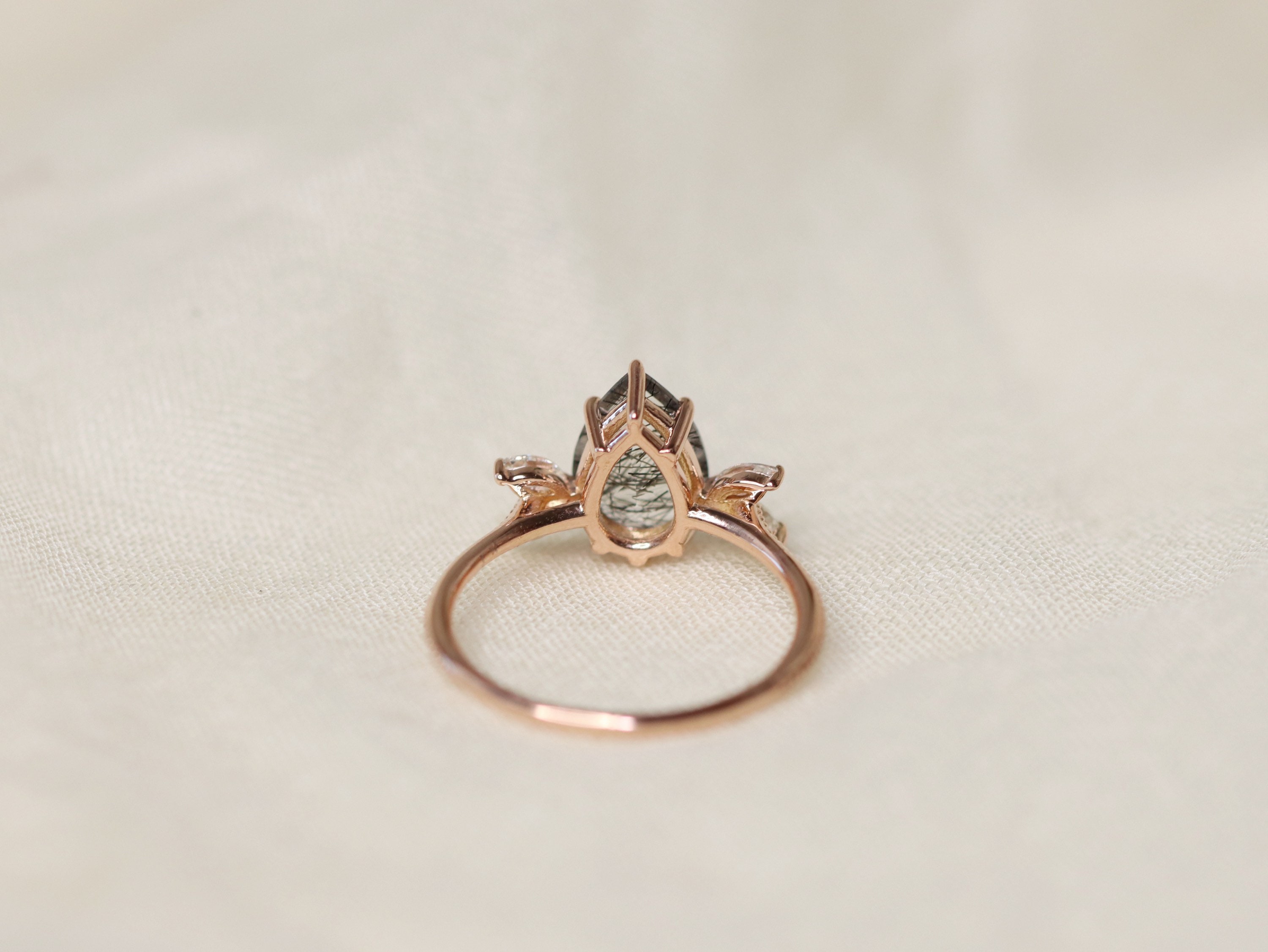 The Siren Ring in Tourmalinated Quartz, Rutilated Quartz Engagement Ring, Pear Black Rutilated