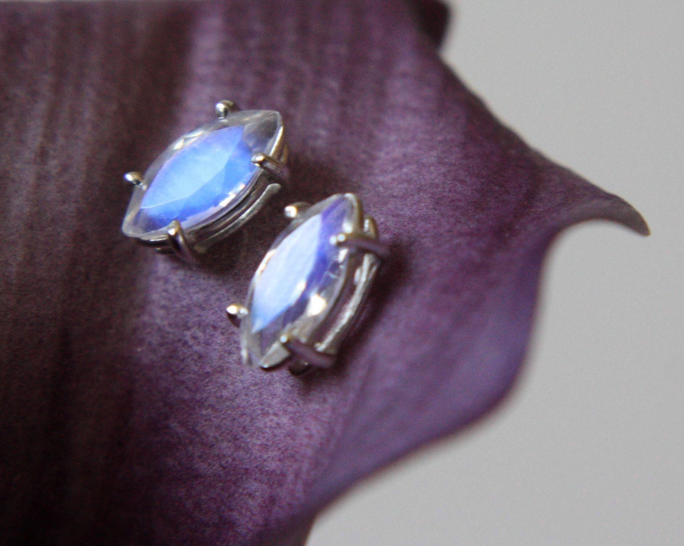 8x4 Marquise Moonstone Studs, Faceted Moonstone