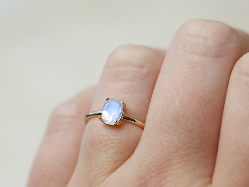 7x5 Oval Moonstone Solitaire Ring, Faceted Rainbow Moonstone Engagement Ring, June Birthstone, 14k Solid Gold Sterling Silver Something Blue image 1