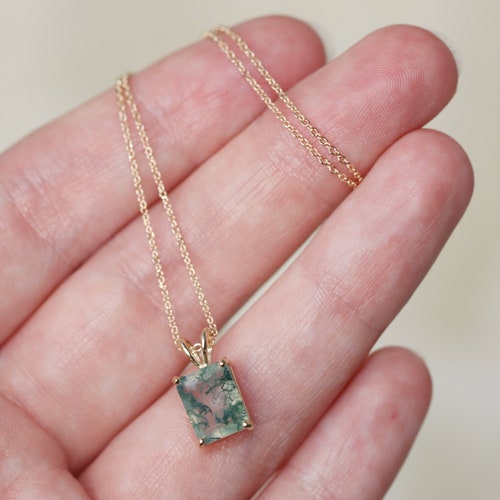 Moss Agate Necklace, 9x7 Emerald Cut Moss Agate Necklace, Moss Agate Pendant, shops Unique Gemstone Jewelry, Nature Inspired, Green Agate Necklace