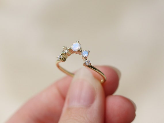 Moonstone Wedding Band Crown Wedding Band Marquise Crown Moonstone Ring Anniversary Gift Ring Moonstone Wedding Set Curved Wedding Band