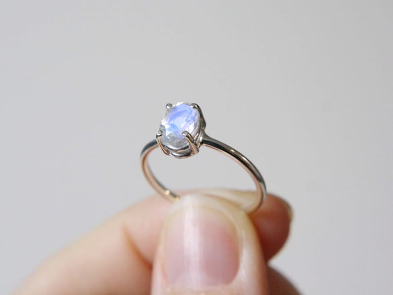 7x5 Oval Moonstone Solitaire Ring, Faceted Rainbow Moonstone Engagement Ring, June Birthstone, 14k Solid Gold Sterling Silver Something Blue image 8