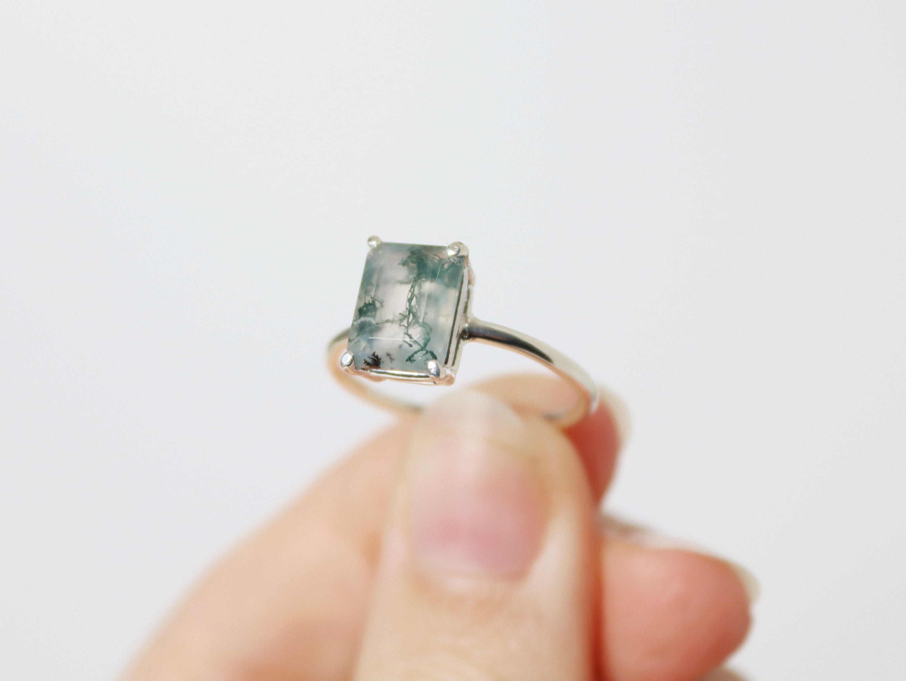 9x7 Emerald Cut Faceted Moss Agate Ring