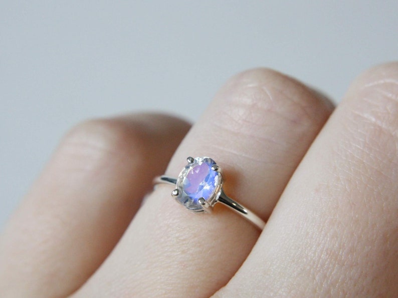 7x5 Oval Moonstone Solitaire Ring, Faceted Rainbow Moonstone Engagement Ring, June Birthstone, 14k Solid Gold Sterling Silver Something Blue image 6