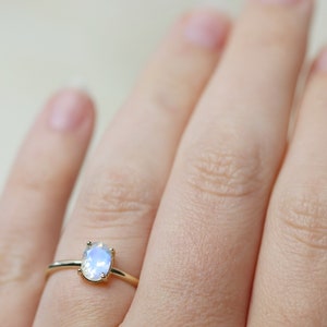 7x5 Oval Moonstone Solitaire Ring, Faceted Rainbow Moonstone Engagement Ring, June Birthstone, 14k Solid Gold Sterling Silver Something Blue image 3