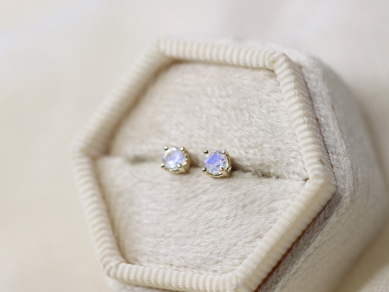 Moonstone Stud Earrings, 3mm Round Moonstone Studs, Faceted Moonstone, June Birthstone Earrings, Bridal Jewelry, Moonstone Wedding Jewelry image 6