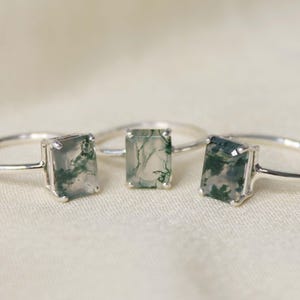 Moss Agate Solitaire Ring - 9x7 Emerald Cut, 14k Gold or Sterling Silver