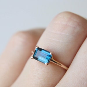 7x5 Emerald Cut London Blue Topaz Solitaire Ring, London Blue Topaz Engagement Ring, East West Ring, Something Blue, November Birthstone
