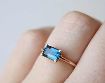 7x5 Emerald Cut London Blue Topaz Solitaire Ring