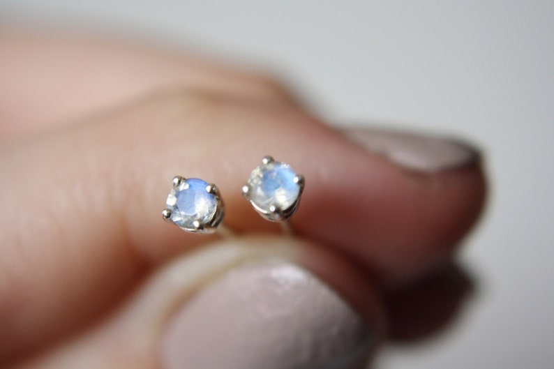 Moonstone Stud Earrings, 3mm Round Moonstone Studs, Faceted Moonstone, June Birthstone Earrings, Bridal Jewelry, Moonstone Wedding Jewelry image 9