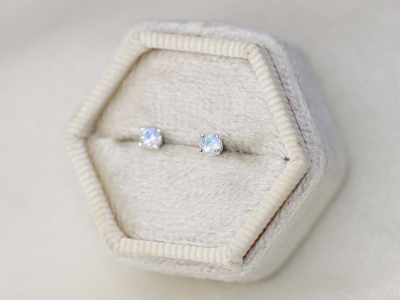 Moonstone Stud Earrings, 3mm Round Moonstone Studs, Faceted Moonstone, June Birthstone Earrings, Bridal Jewelry, Moonstone Wedding Jewelry image 5