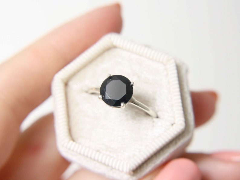 8mm Round Black Spinel Solitaire Ring, Black Spinel Engagement Ring, Black Diamond Alternative, Faceted Onyx, 14k Solid Gold Sterling Silver image 2