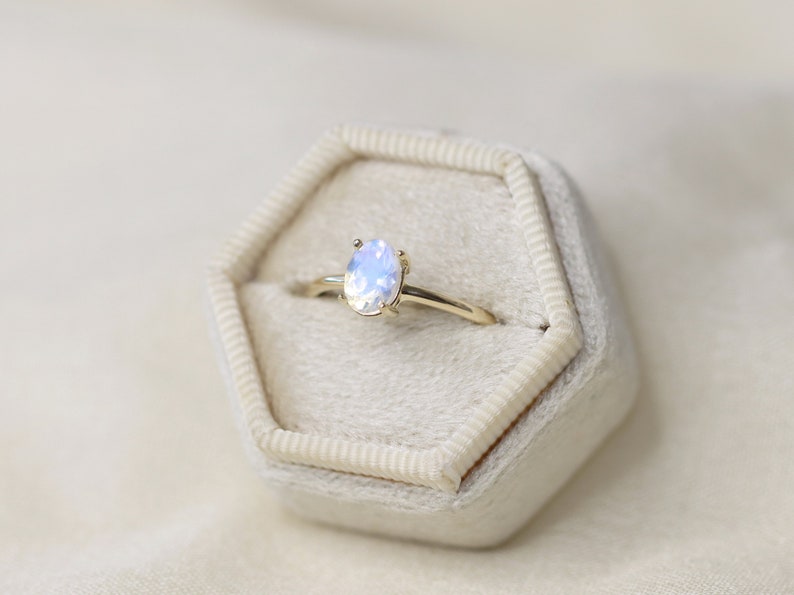 7x5 Oval Moonstone Solitaire Ring, Faceted Rainbow Moonstone Engagement Ring, June Birthstone, 14k Solid Gold Sterling Silver Something Blue image 2
