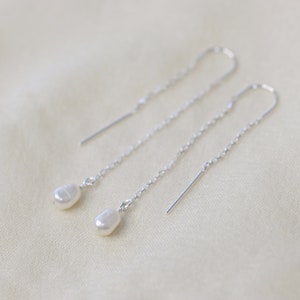 Delicate Pearl Threader Earrings, Freshwater Pearl Earrings, Threaded Earrings, Bridal Jewelry Bridesmaid Gift, June Birthstone Gift For Her image 5