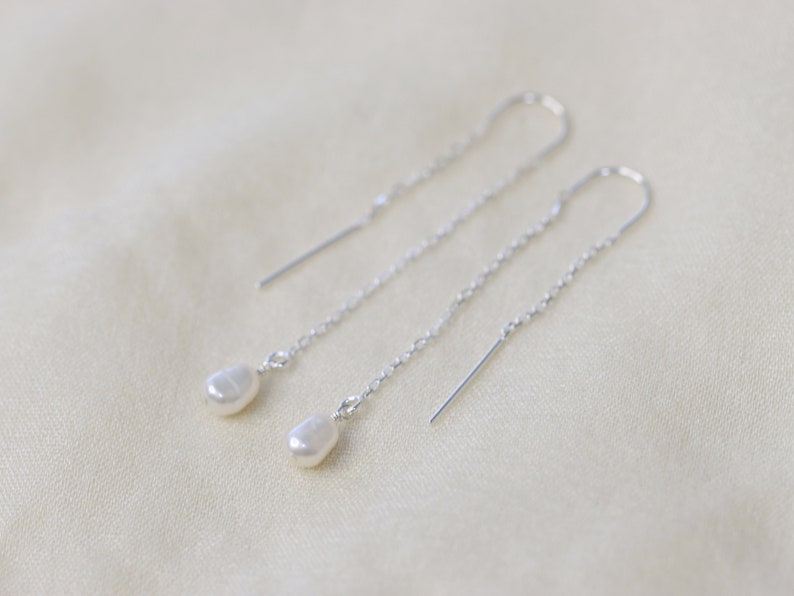 Delicate Pearl Threader Earrings, Freshwater Pearl Earrings, Threaded Earrings, Bridal Jewelry Bridesmaid Gift, June Birthstone Gift For Her image 5