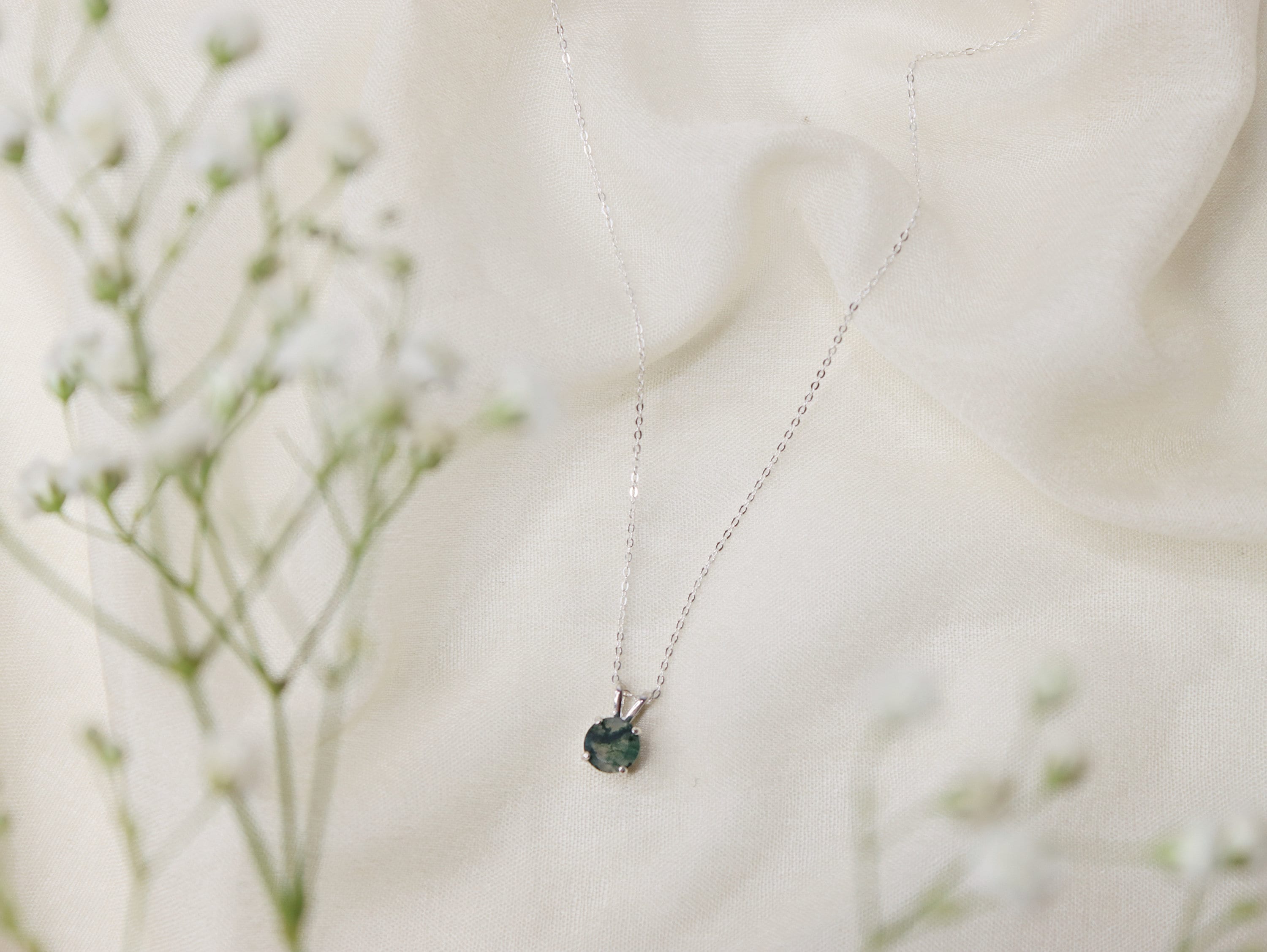 7mm Moss Agate Necklace, Moss Agate Pendant, Faceted Moss Agate, Unique