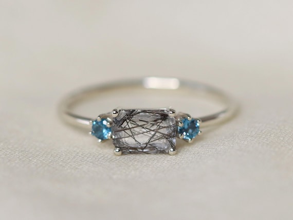 Trilogy Ring - Emerald Cut Tourmalinated Quartz & London Blue Topaz Accents, 14k Gold