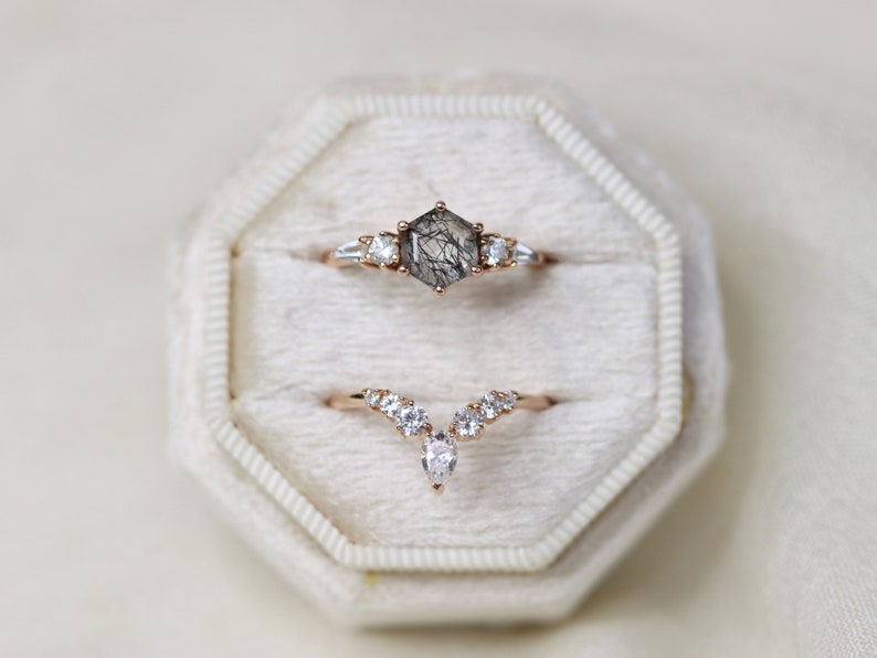 The Huntington & Diadem Bridal Set in Tourmalinated Quartz, Rutilated Quartz Engagement Ring Set, Hexagon Engagement, Diamond Wedding Band image 3