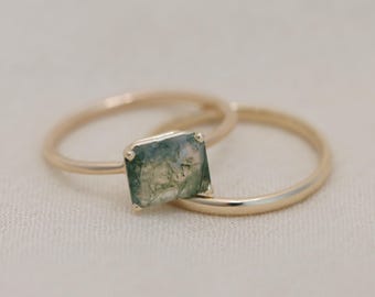 East West Moss Agate Bridal Set - 14k Gold