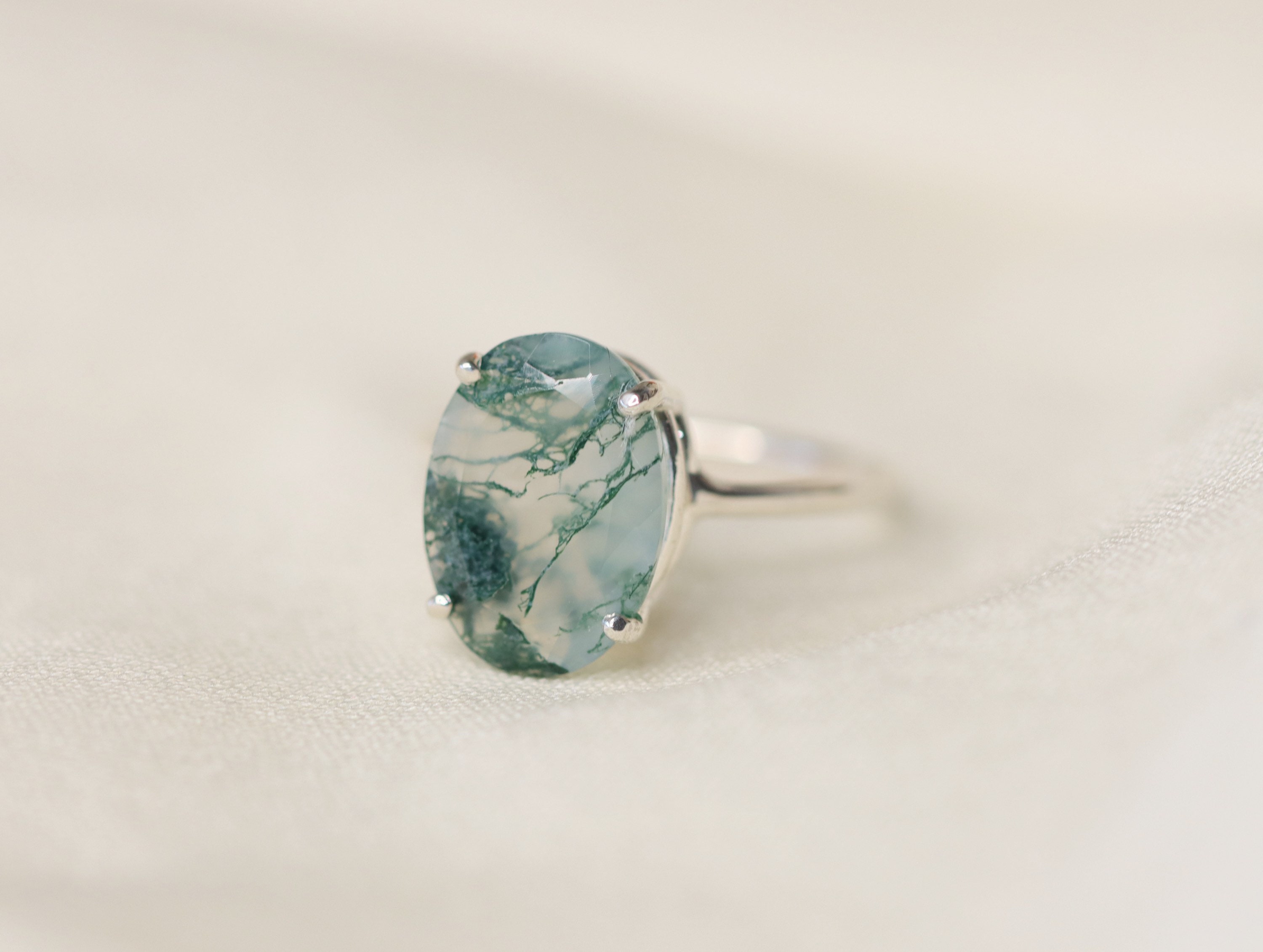 14x10 Oval Faceted Moss Agate Solitaire Ring