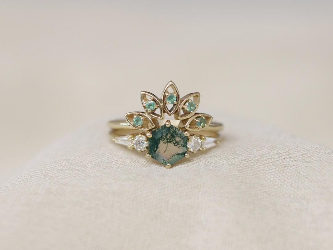 Hera in the Garden Bridal Set With Moss Agate, Diamonds and Alexandrite ...