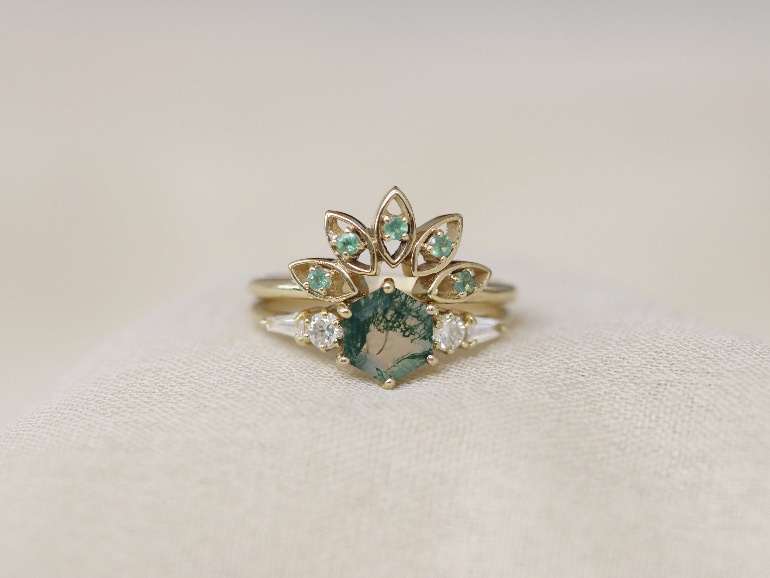 Hera In The Garden Bridal Set With Moss Agate Diamonds And Alexandrite