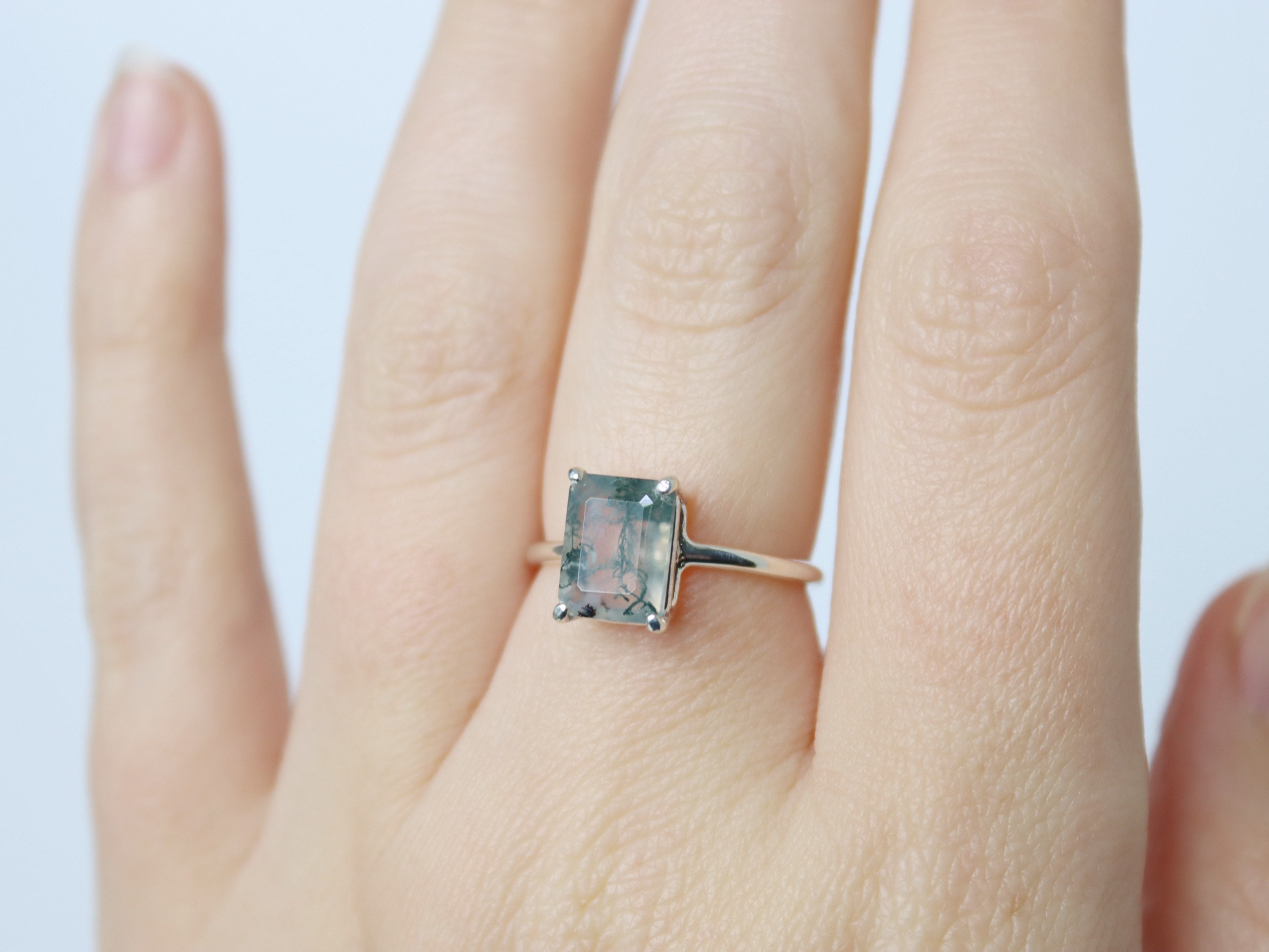 9x7 Emerald Cut Faceted Moss Agate Ring