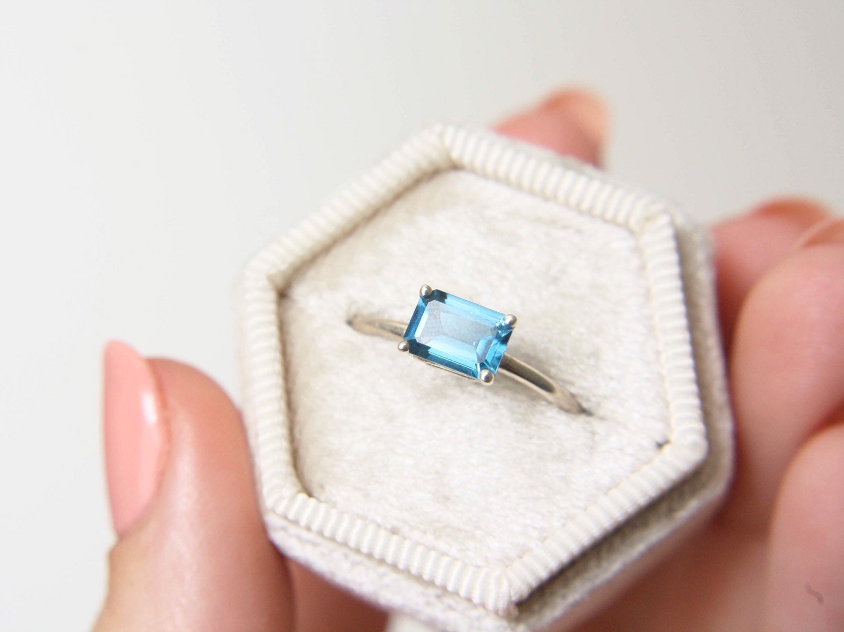 7x5 Emerald Cut East West London Blue Topaz Ring