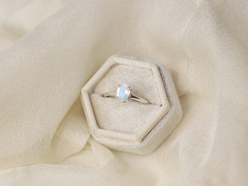 7x5 Oval Moonstone Solitaire Ring, Faceted Rainbow Moonstone Engagement Ring, June Birthstone, 14k Solid Gold Sterling Silver Something Blue image 10