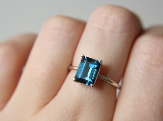 9x7 Emerald Cut London Blue Topaz Solitaire Ring, London Blue
