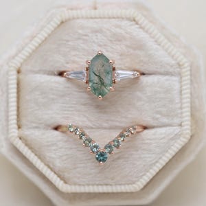 Eden & Luxe Artemis Chevron Bridal Set - Moss Agate, Green Ombre Montana Sapphires, Diamonds, 14k Gold