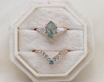 Eden & Luxe Artemis Chevron Bridal Set - Moss Agate, Green Ombre Montana Sapphires, Diamonds, 14k Gold