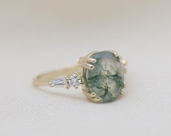 The Odette Ring - Moss Agate Engagement Ring, 14k Gold Diamond Accents