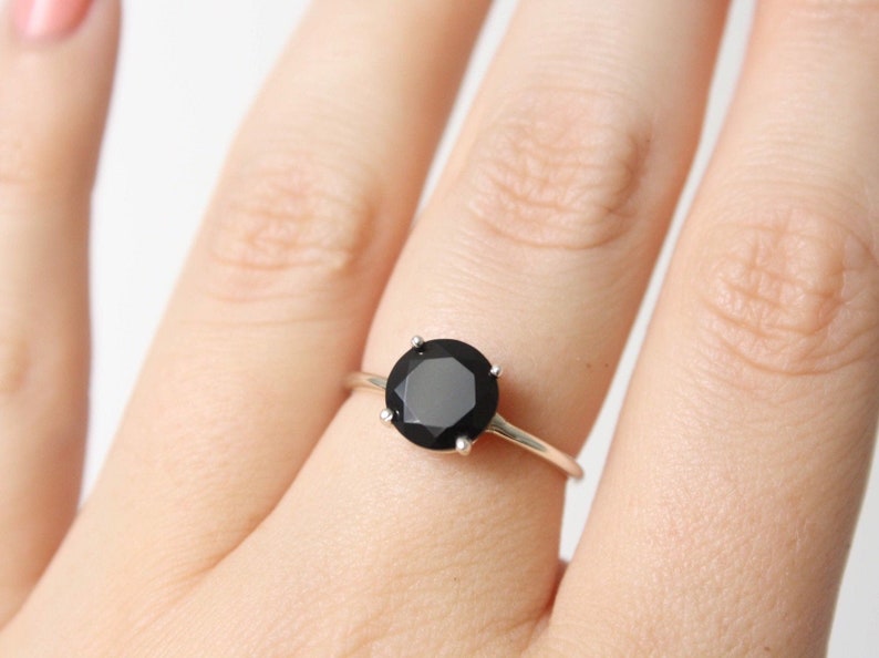 8mm Round Black Spinel Solitaire Ring, Black Spinel Engagement Ring, Black Diamond Alternative, Faceted Onyx, 14k Solid Gold Sterling Silver image 1