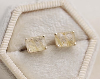 Golden Rutilated Quartz Earrings, 7x5 Faceted Emerald Cut Earrings, Push Back or Screw Back Stud Earrings, Sterling Silver or 14k Solid Gold