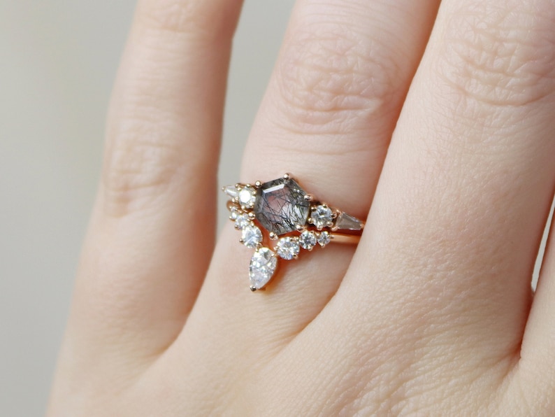 The Huntington & Diadem Bridal Set in Tourmalinated Quartz, Rutilated Quartz Engagement Ring Set, Hexagon Engagement, Diamond Wedding Band image 1