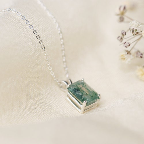 Moss Agate Necklace, 9x7 Emerald Cut Moss Agate Necklace, Moss Agate Pendant, shops Unique Gemstone Jewelry, Nature Inspired, Green Agate Necklace