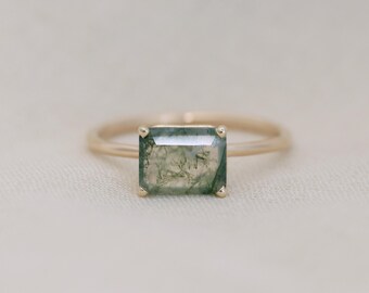 East West Moss Agate Solitaire Ring - 9x7 Emerald Cut, 14k Gold or Sterling Silver