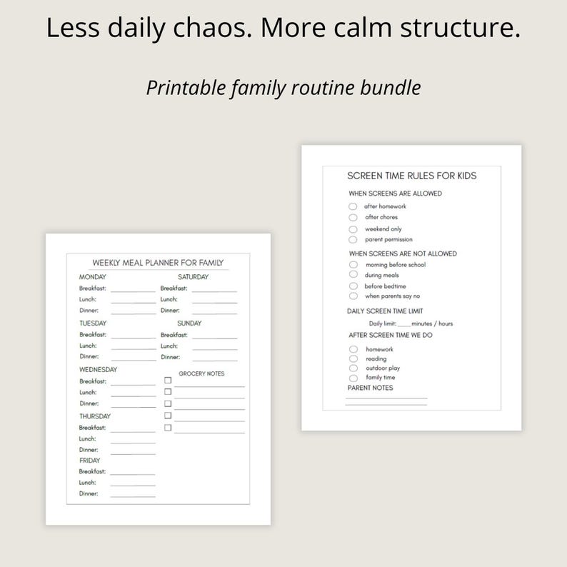Family Routine Bundle Printable Screen Rules and Weekly Meal Planner ...