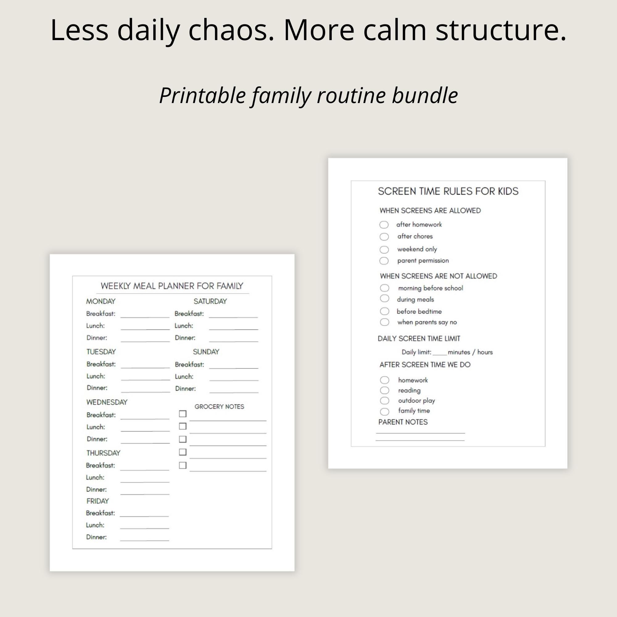Printable Family Routine Template Family Routine Bundle Printable Screen Rules and Weekly Meal Planner ...