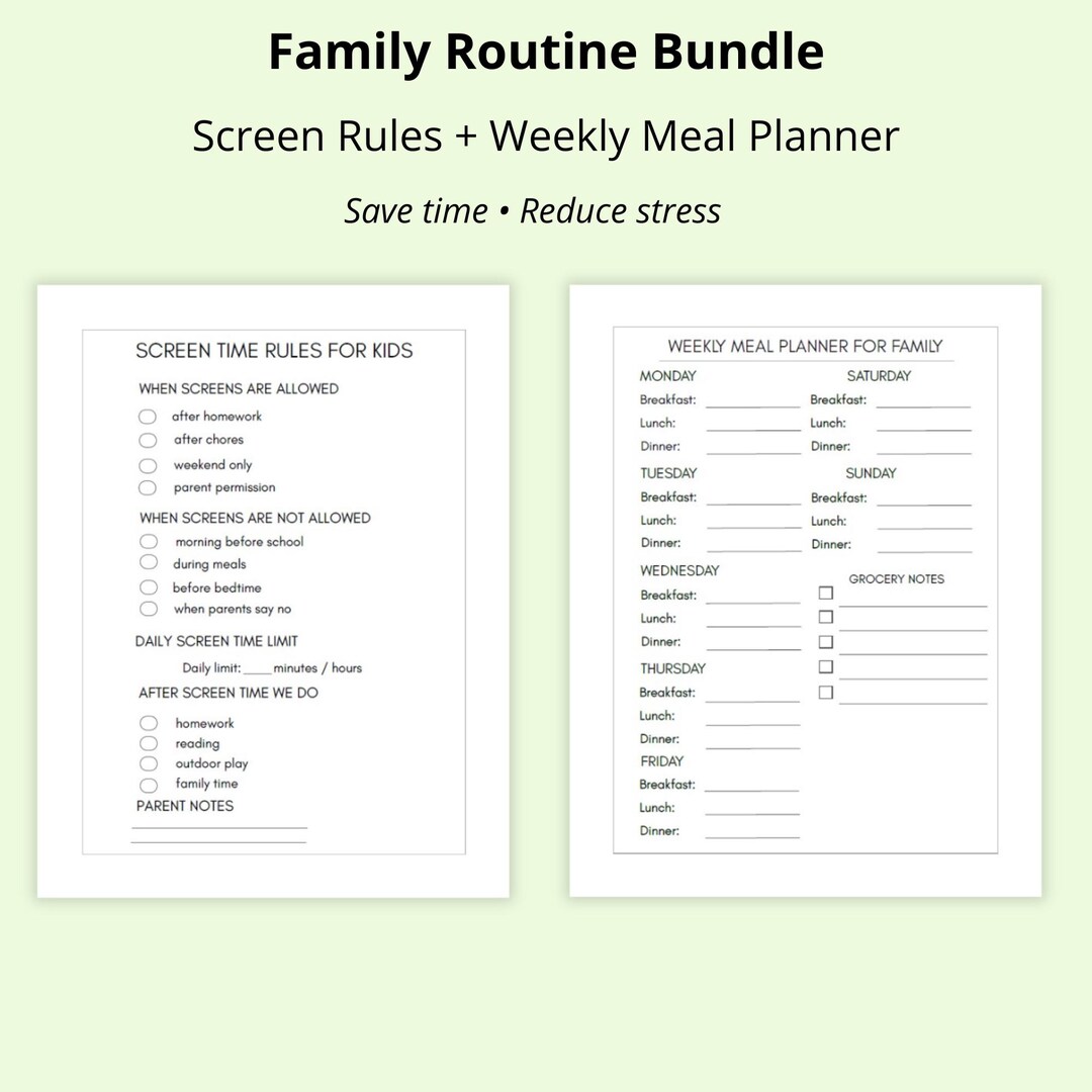 Family Routine Bundle Printable Screen Rules and Weekly Meal Planner ...