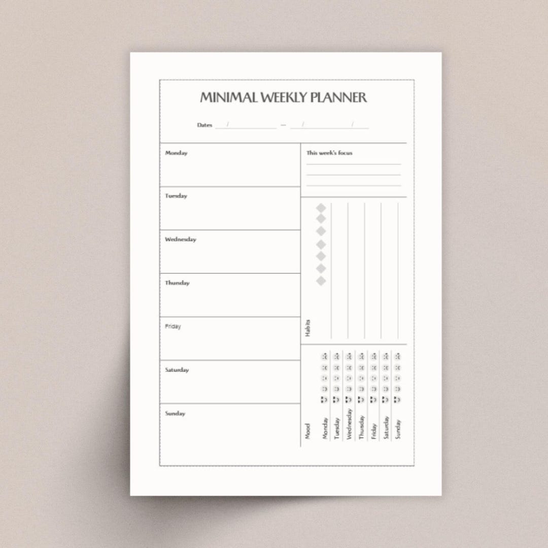 Minimal Weekly Planner Printable | Habit + Mood Tracker (A4 PDF) - Etsy