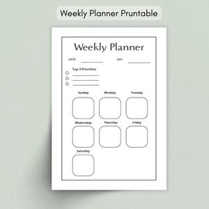 May include: A white printable weekly planner with the text "Weekly Planner" at the top. The planner includes sections for the date, day, top 3 priorities, and daily schedules from Sunday to Saturday. The text "Weekly Planner Pruntable" is at the top.