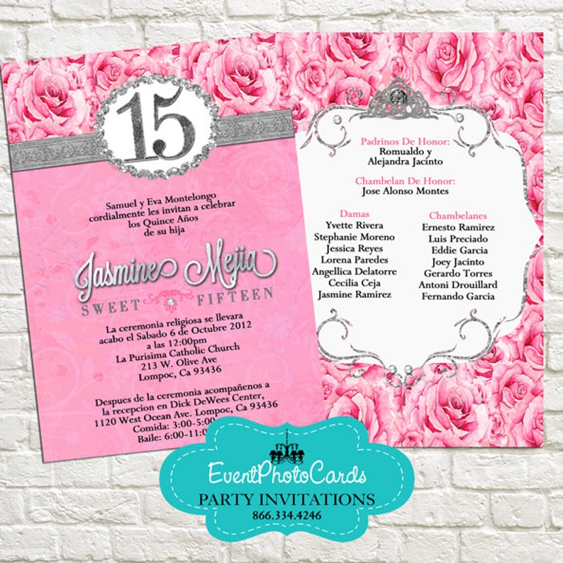 Pink and Silver Quinceanera Invitation Set Printable DIY Print your Own PDF...