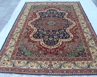 Handmade Afghan Wool Rug, Navy & Red Floral Medallion, 11.8x8.4 ft