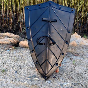 May include: Black plastic shield with a leaf-like design and a handle. The shield has a pointed bottom and is surrounded by rivets. The background includes sand, rocks, and tall grass.