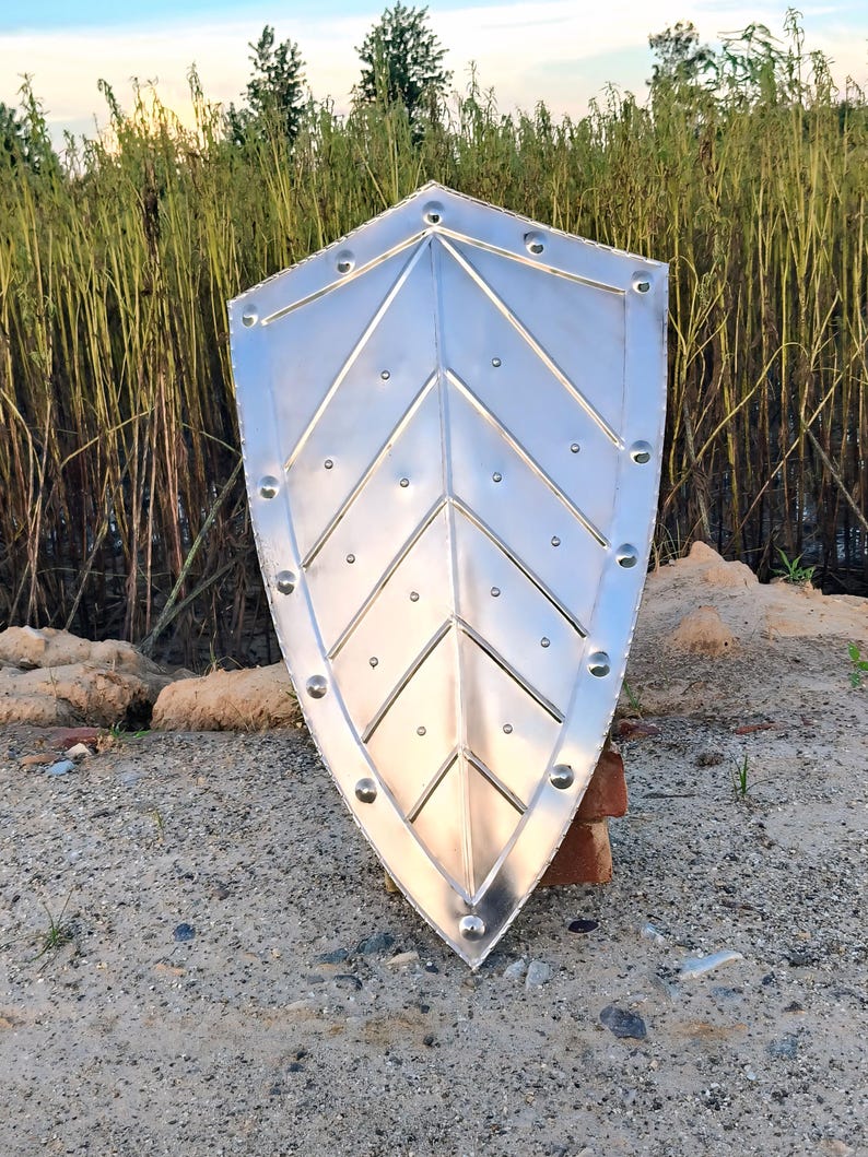 May include: A silver-colored shield with a pointed bottom and rounded top. The shield has a series of diagonal lines and rivets along the edges. The shield is made of metal and is displayed outdoors.